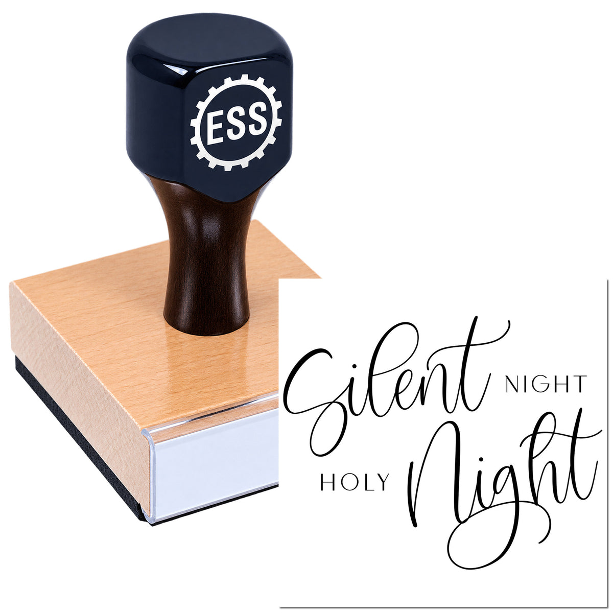 Dark blue custom stamp and copper-toned seal block with "Silent Night Holy Night" script on white background.