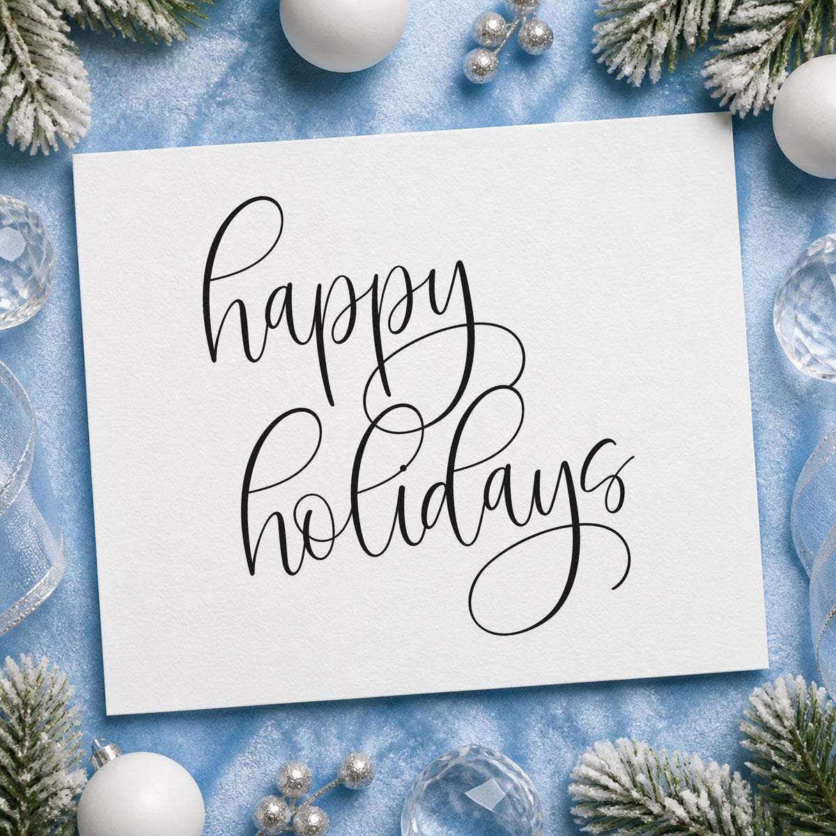 Happy Holidays Flourished Calligraphy rubber stamp printed in black ink, ready for two row note sheet and similar paper crafts.