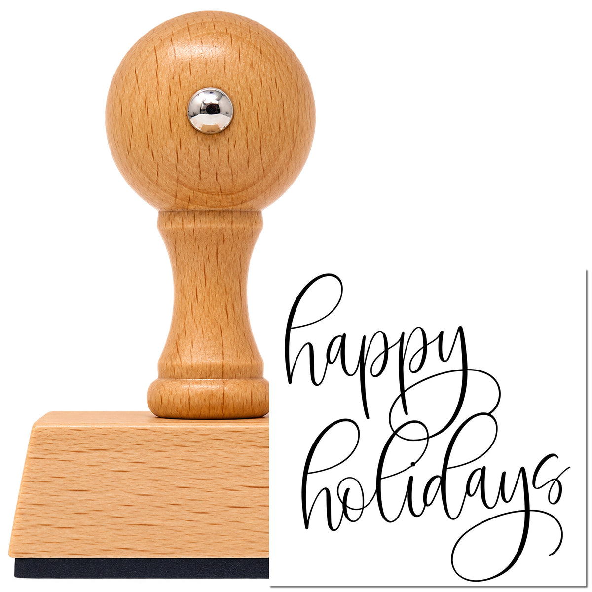 Vintage Pro beech wood stamp with a round knob handle, shown with its black Happy Holidays Flourished Calligraphy imprint on white.