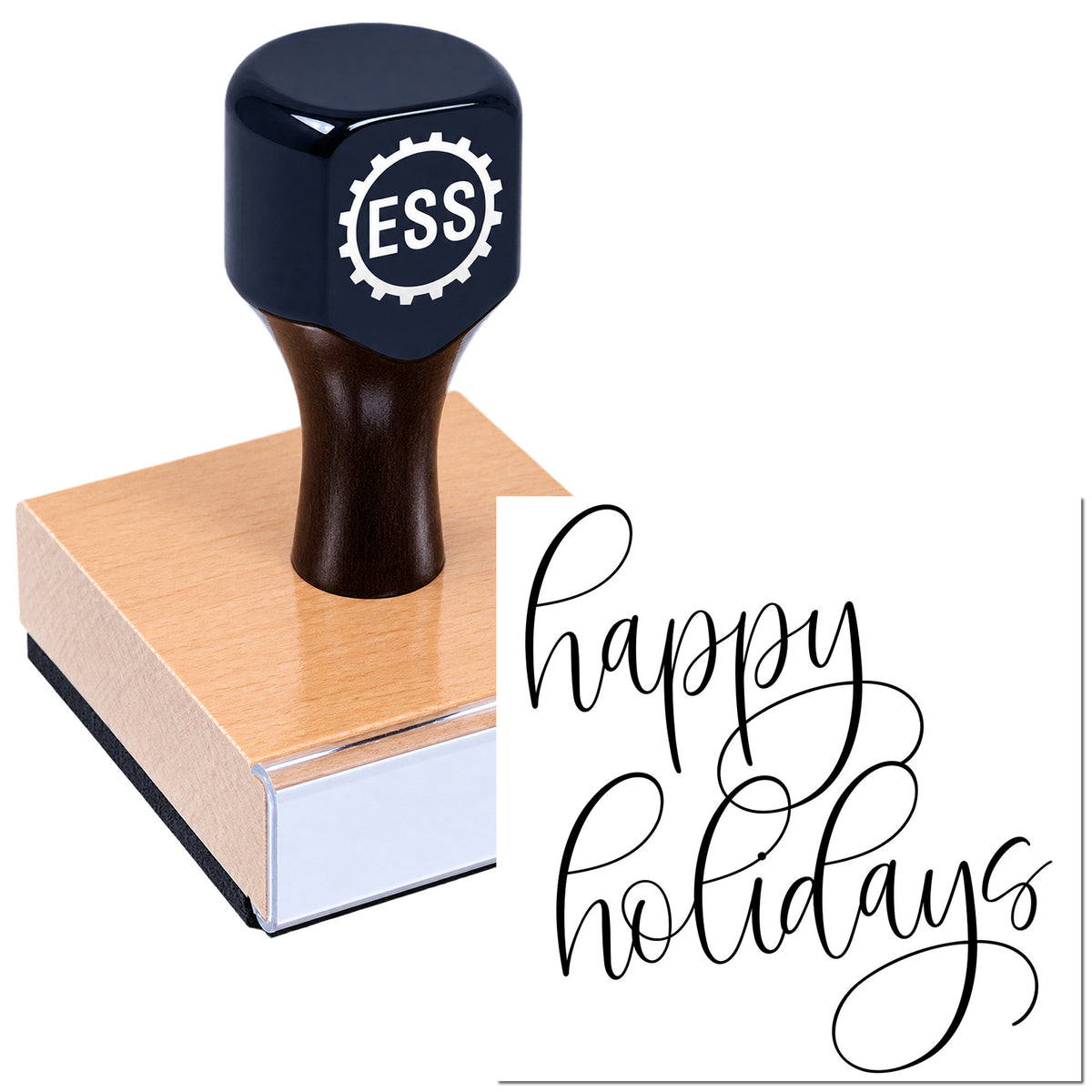 Dark navy ESS self-inking stamp on a pink wood block, paired with a black "happy holidays" seal on white.