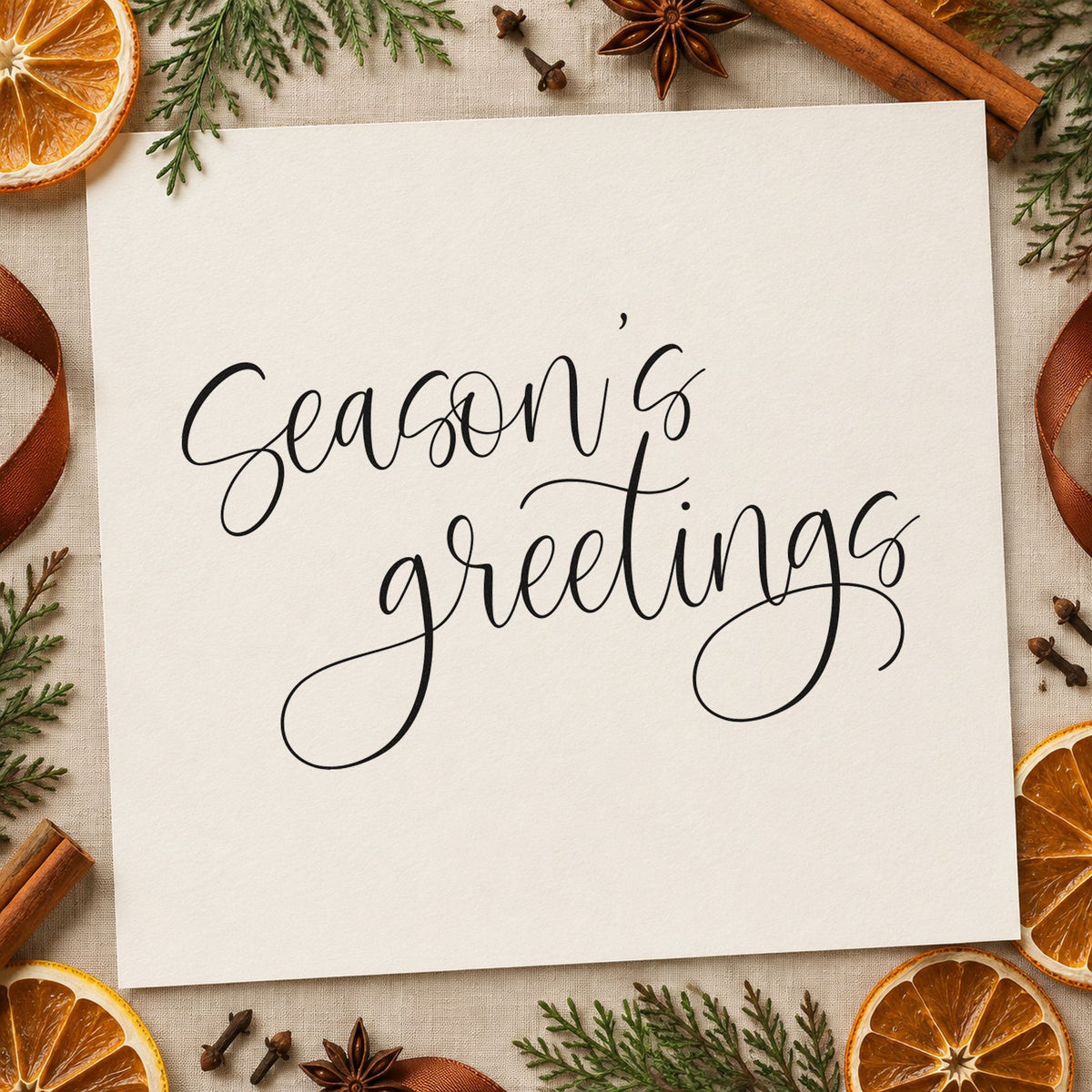 Season's Greetings Fine Calligraphy rubber stamp printed in black ink, ready for client note sheet and similar paper crafts.