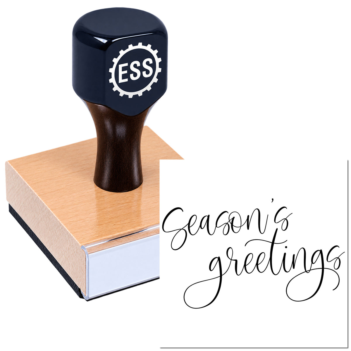 Dark navy ESS rubber stamp on wooden block with "Season's greetings" script seal on white background