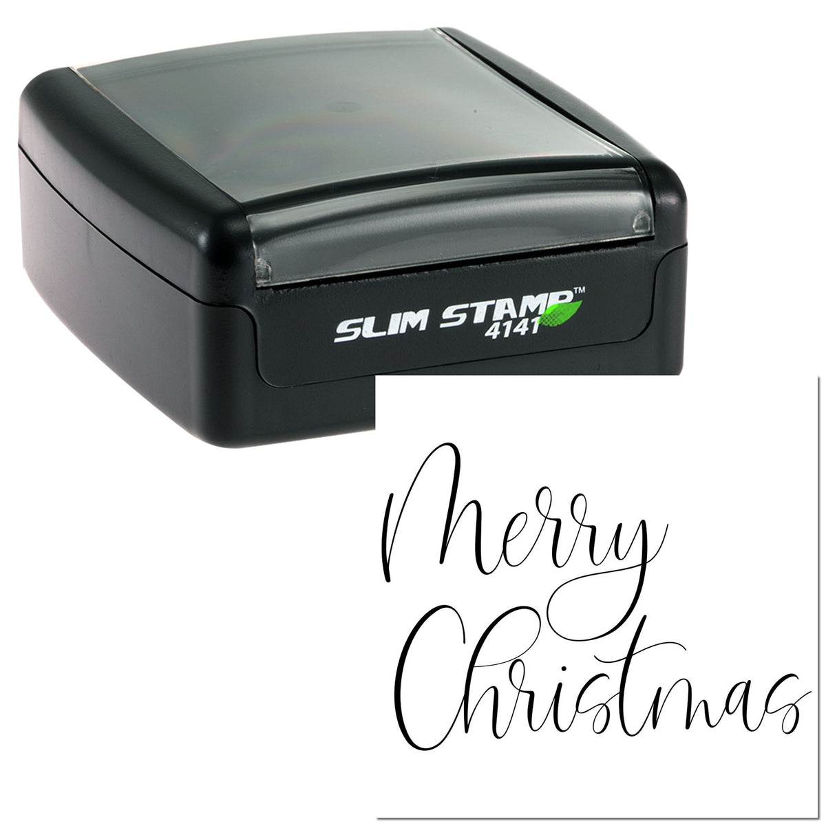 Black slim self-inking stamp with clear cover, showing elegant script Merry Christmas impression
