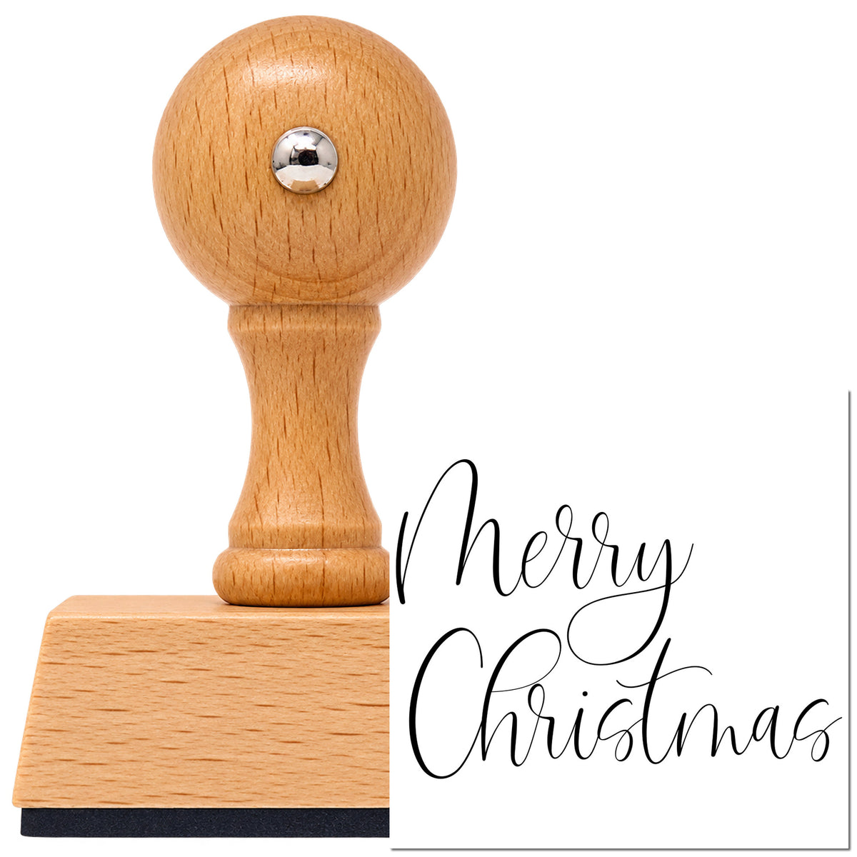 Vintage Pro beech wood stamp with a round knob handle, shown with its black Merry Christmas Airy Calligraphy imprint on white.