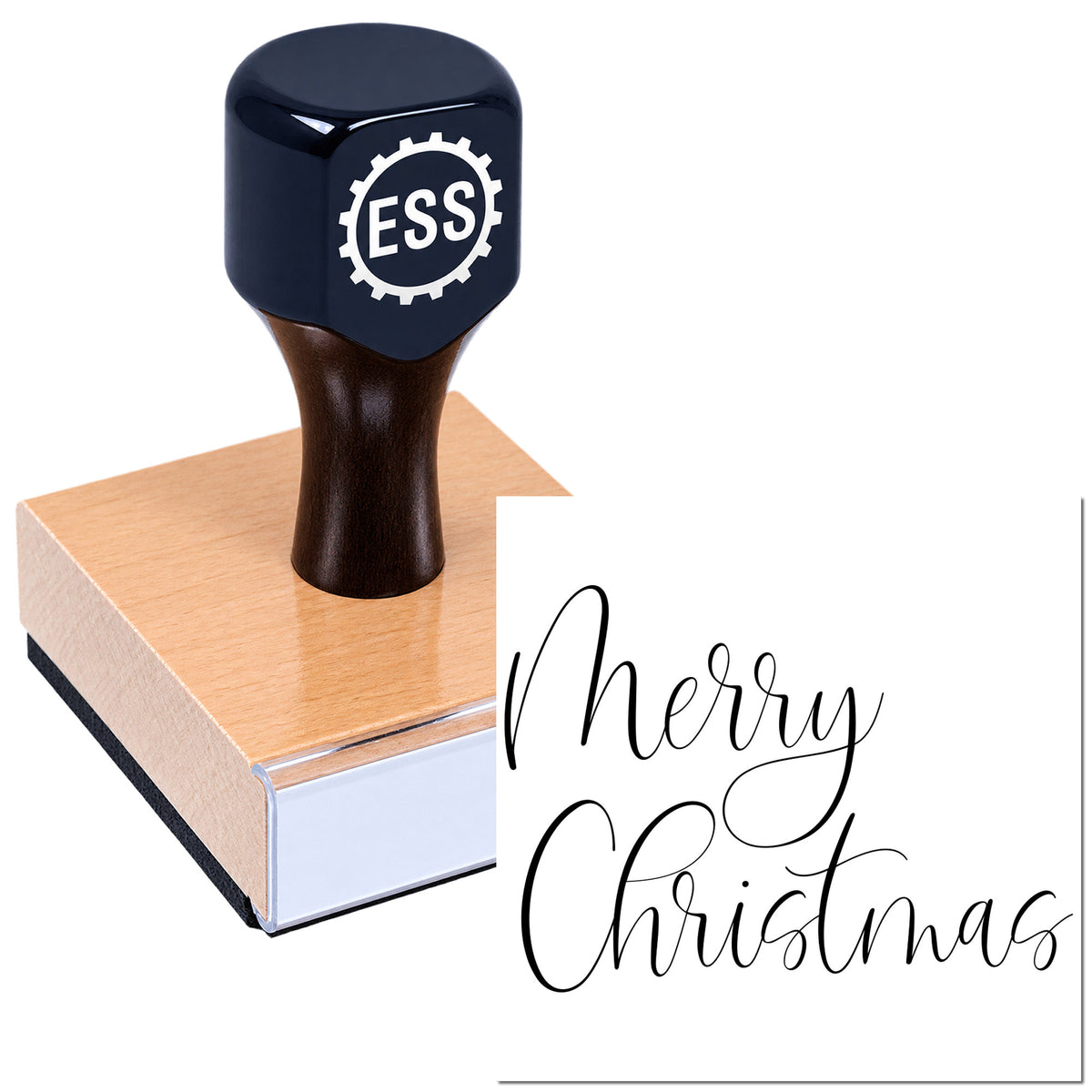 Navy ESS rubber stamp and seal on copper block with "Merry Christmas" script imprint.