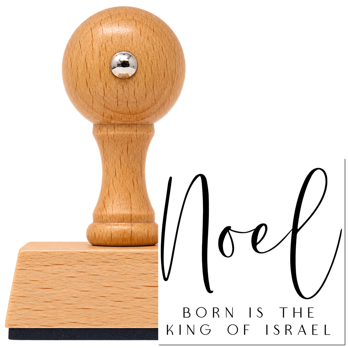 Vintage Pro beech wood stamp with a round knob handle, shown with its black Noel King Of Israel imprint on white.