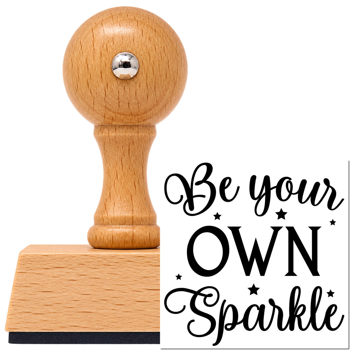 Vintage Pro beech wood stamp with a round knob handle, shown with its black Be Your Own Sparkle imprint on white.