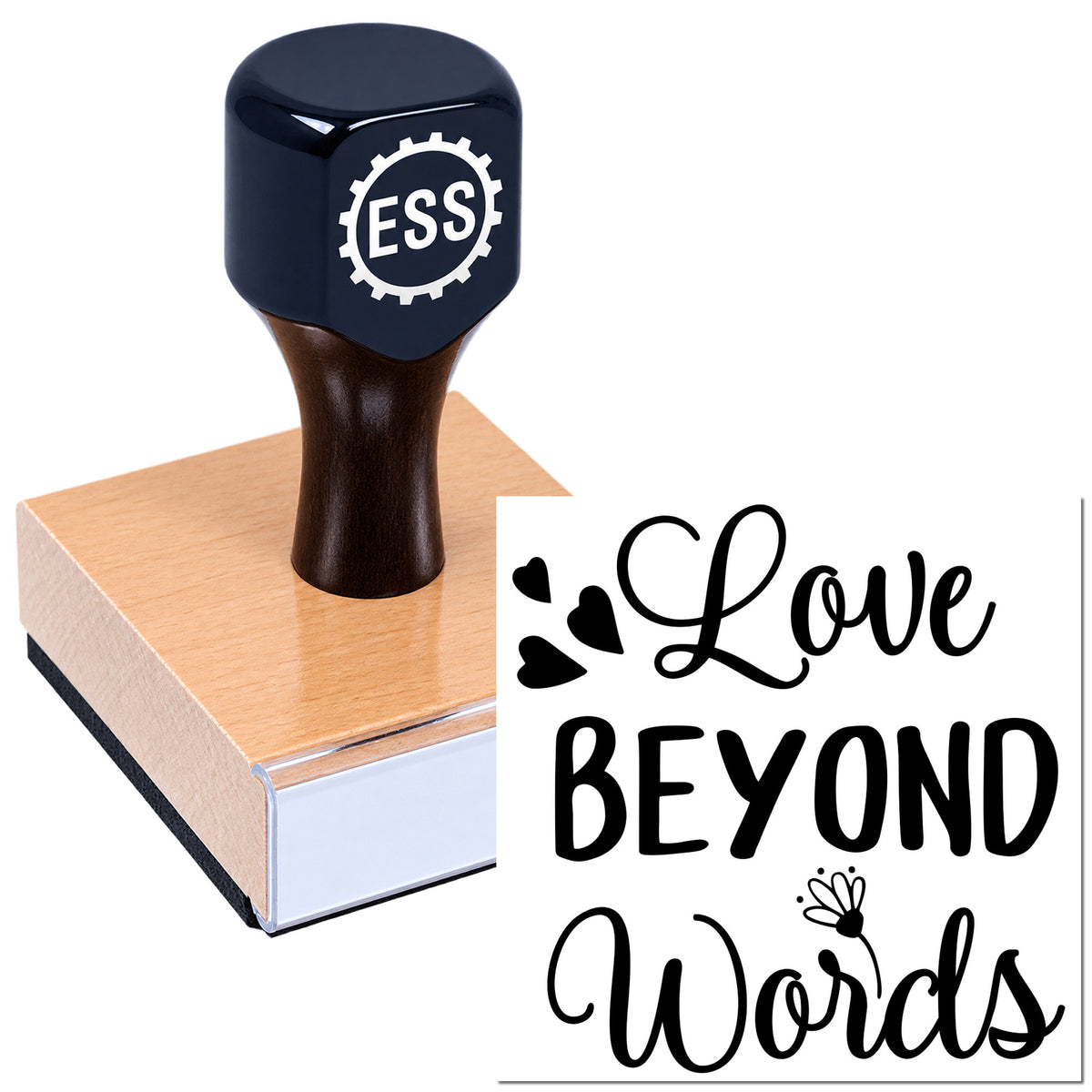 Black ESS rubber stamp seal on wooden block with "Love Beyond Words" and hearts in black on white