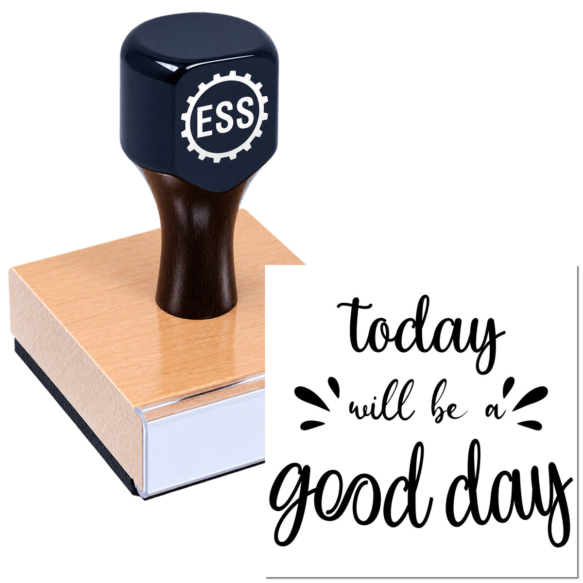 Black ESS custom stamp and seal on a pink wood block, with black script reading "today will be a good day."