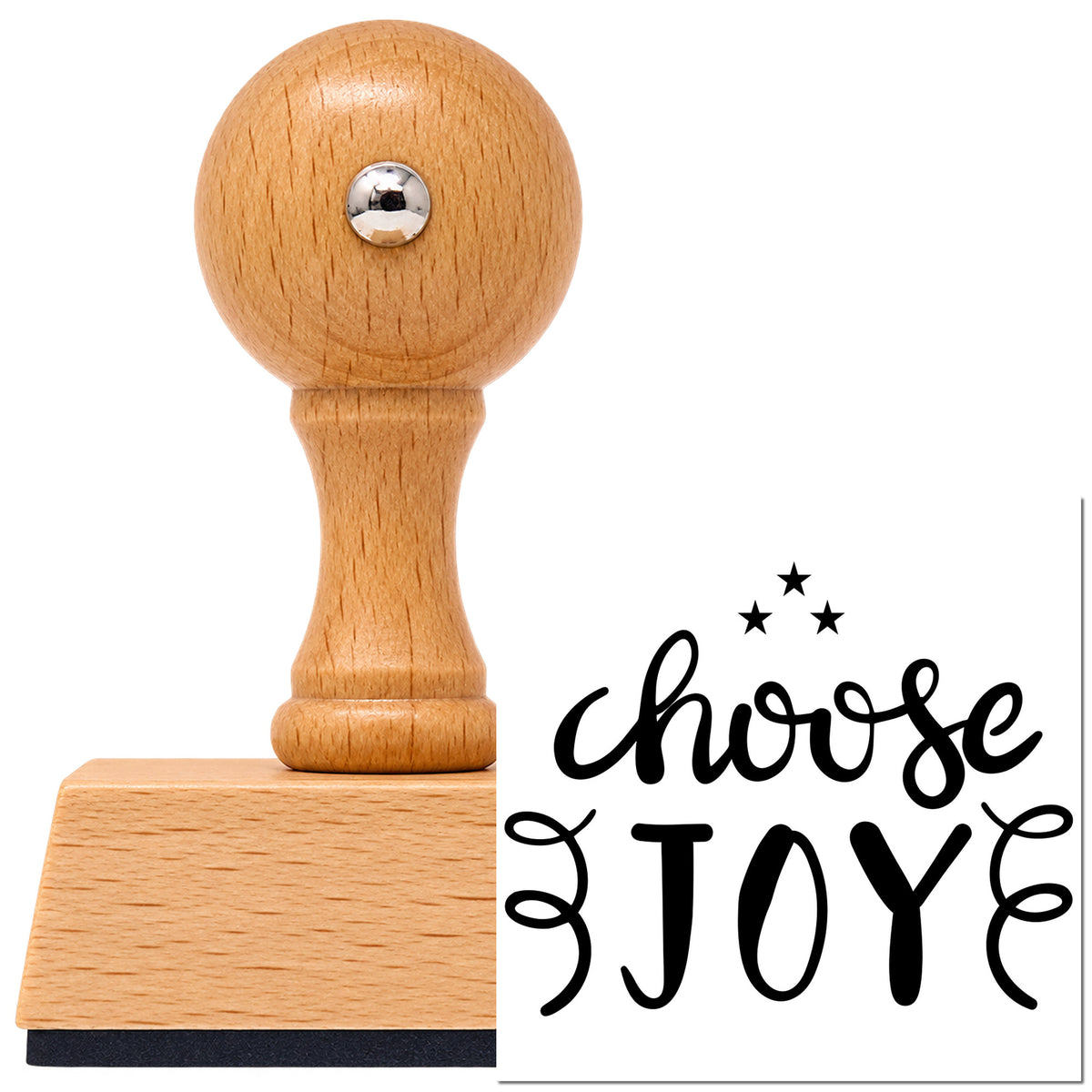 Vintage Pro beech wood stamp with a round knob handle, shown with its black Choose Joy Stars Flourishes imprint on white.
