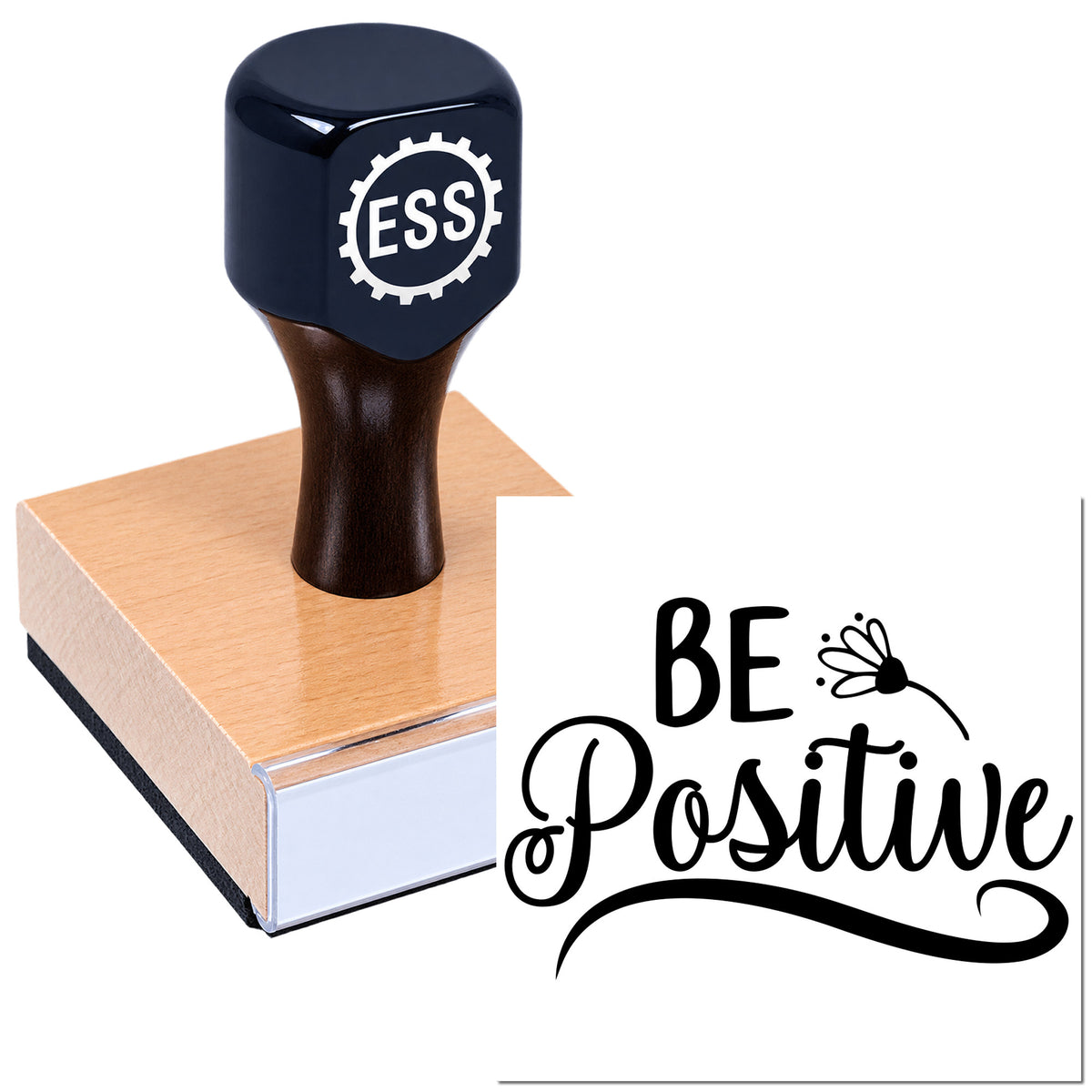 Dark blue ESS custom seal stamp on wooden block with copper base, beside black "Be Positive" script seal.