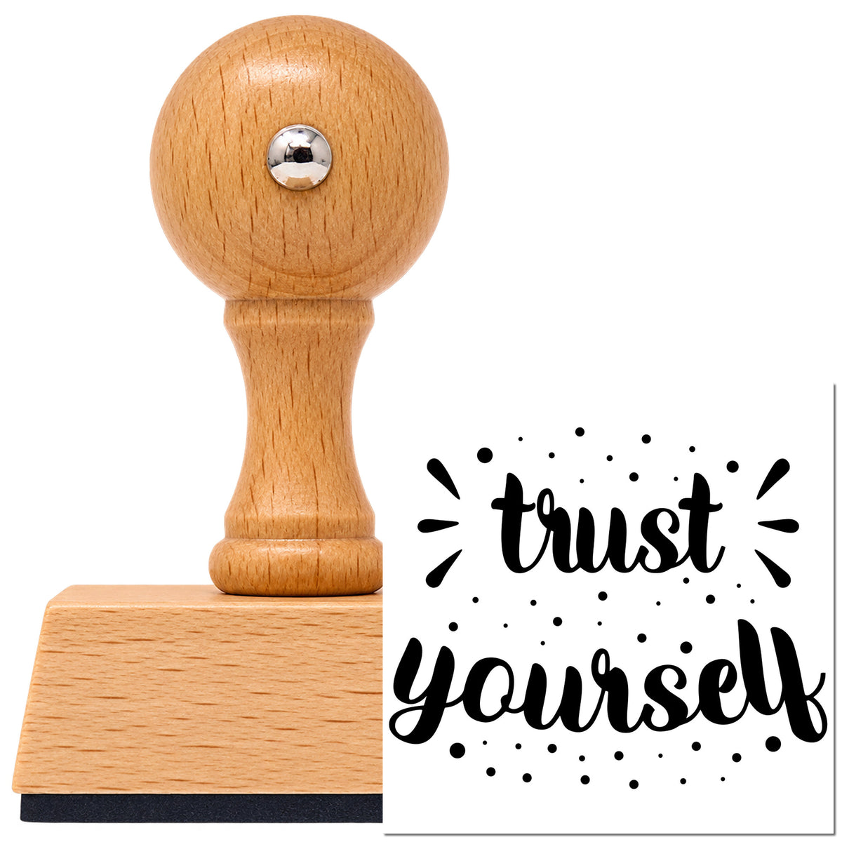 Vintage Pro beech wood stamp with a round knob handle, shown with its black Trust Yourself Dotted Word Art imprint on white.