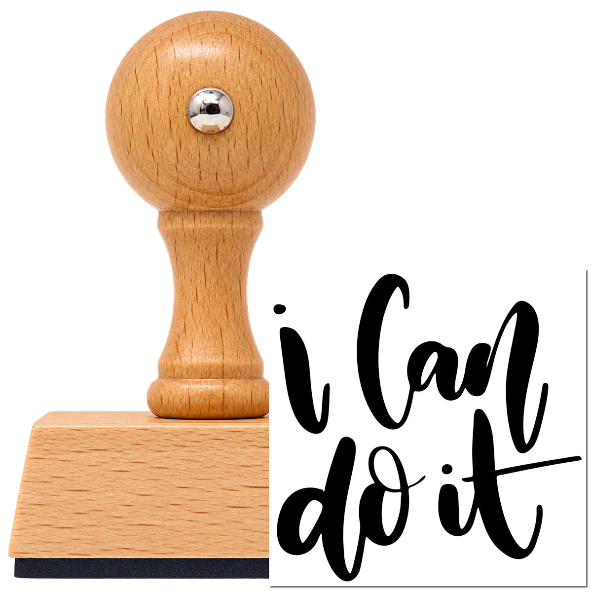 Vintage Pro beech wood stamp with a round knob handle, shown with its black I Can Do It imprint on white.