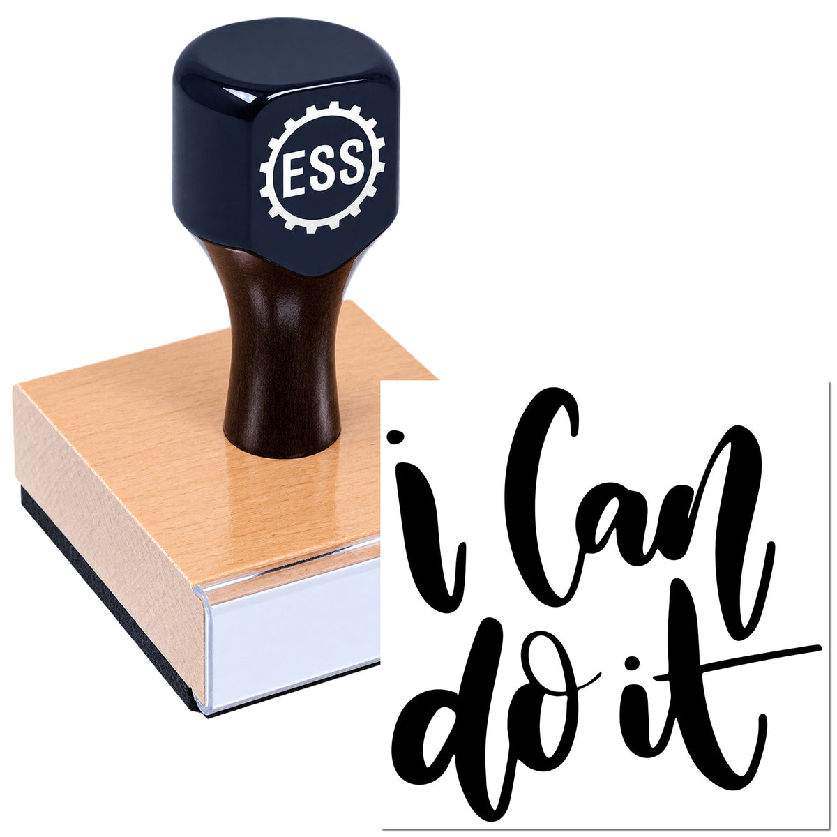 Black ESS gear logo stamp on copper and white seal block with bold black script "i can do it" imprint.