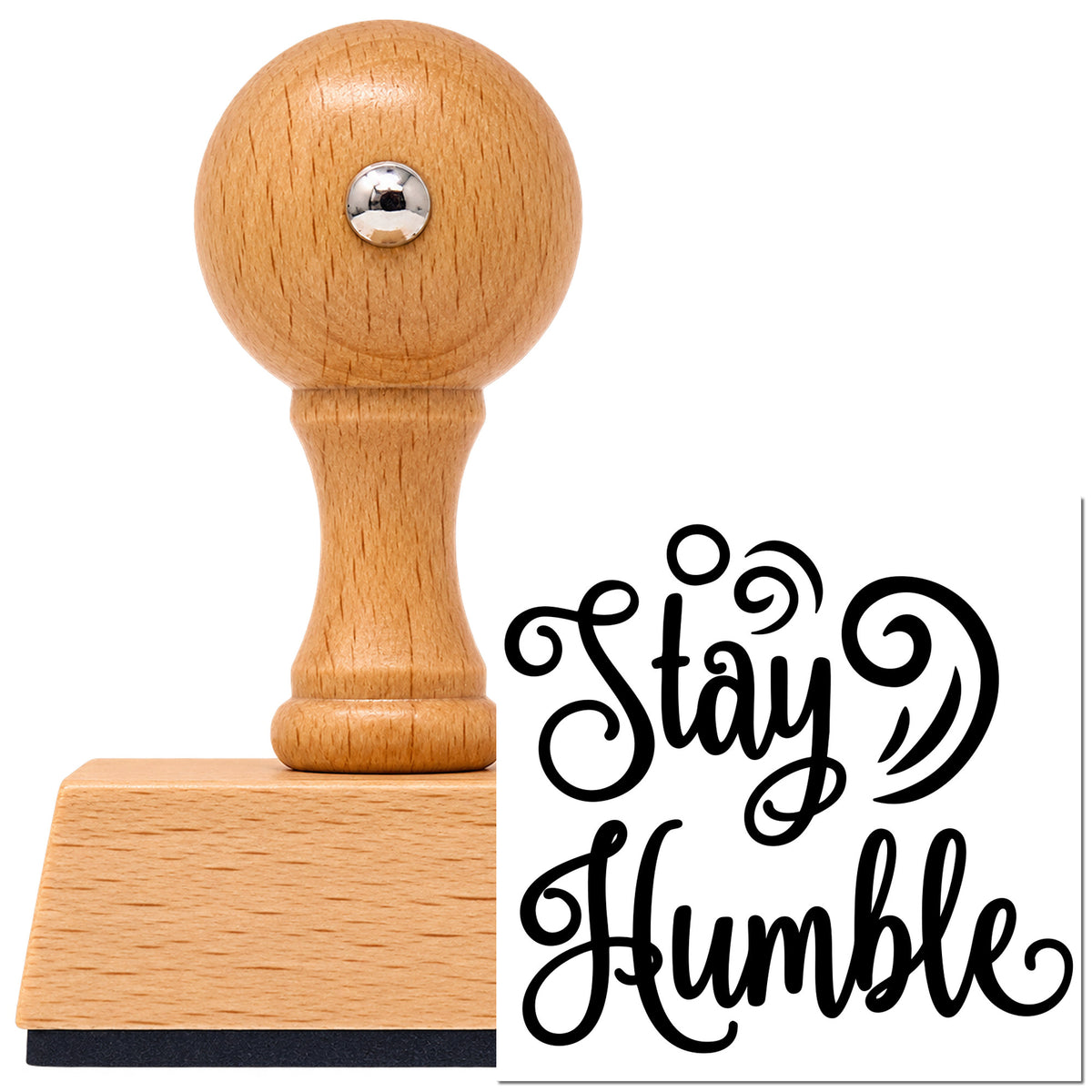 Vintage Pro beech wood stamp with a round knob handle, shown with its black Stay Humble Decorative Swirls imprint on white.
