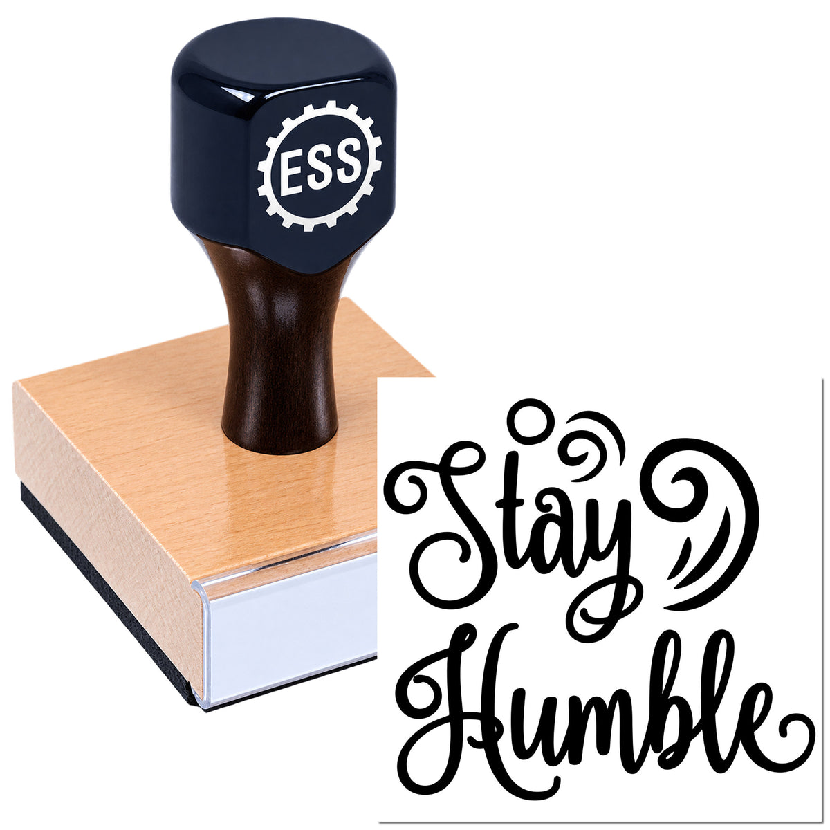Dark navy ESS rubber stamp on a pink seal block beside black "Stay Humble" script design.