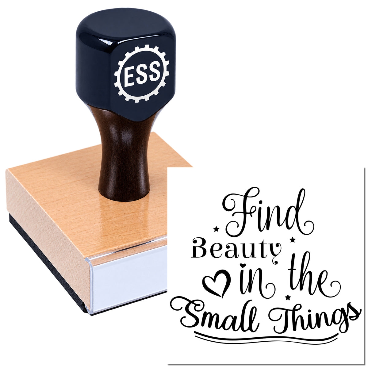 Dark navy ESS rubber stamp on tan seal block, with black script "Find Beauty in the Small Things" on white.