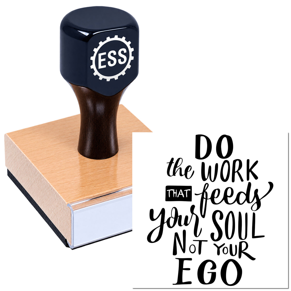 Dark blue ESS rubber stamp on a copper seal block with black "Do the work that feeds your soul" design.