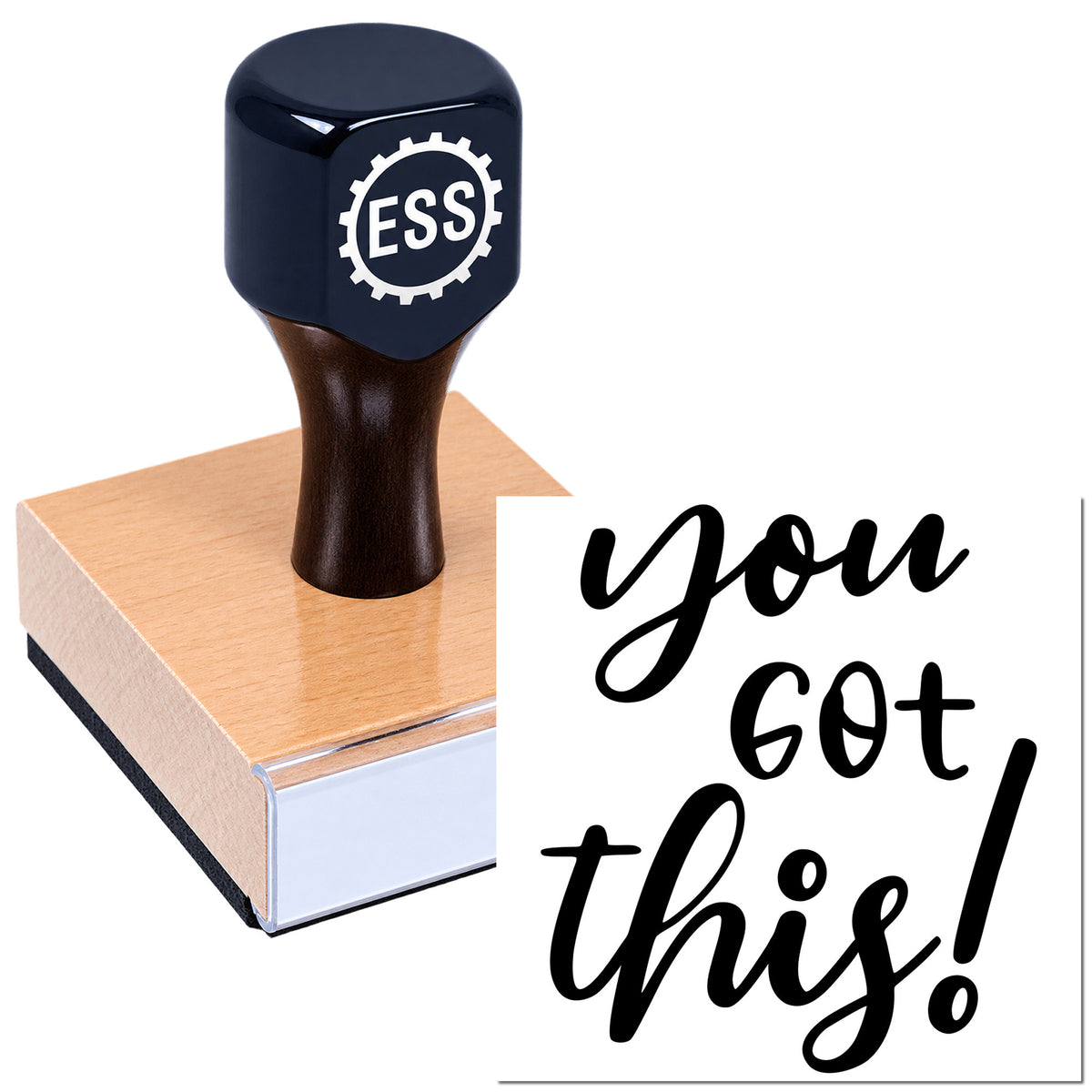 Black ESS rubber stamp and seal on a brown pad with "you got this!" message.