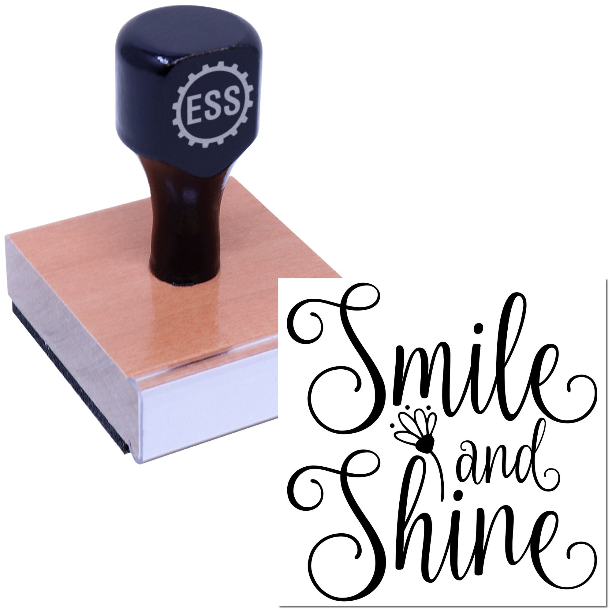 Dark navy rubber stamp with ESS logo on a peach wooden block beside a black Smile and Shine script seal design.
