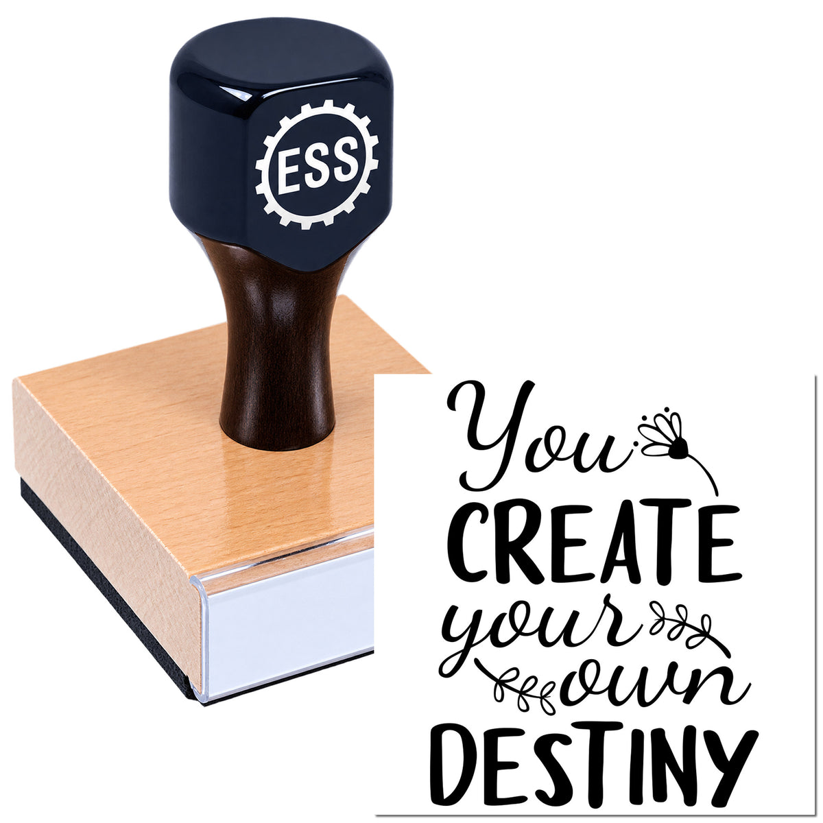 Black ESSI stamp seal with rose-gold block and dark handle beside a "You create your own destiny" script design.