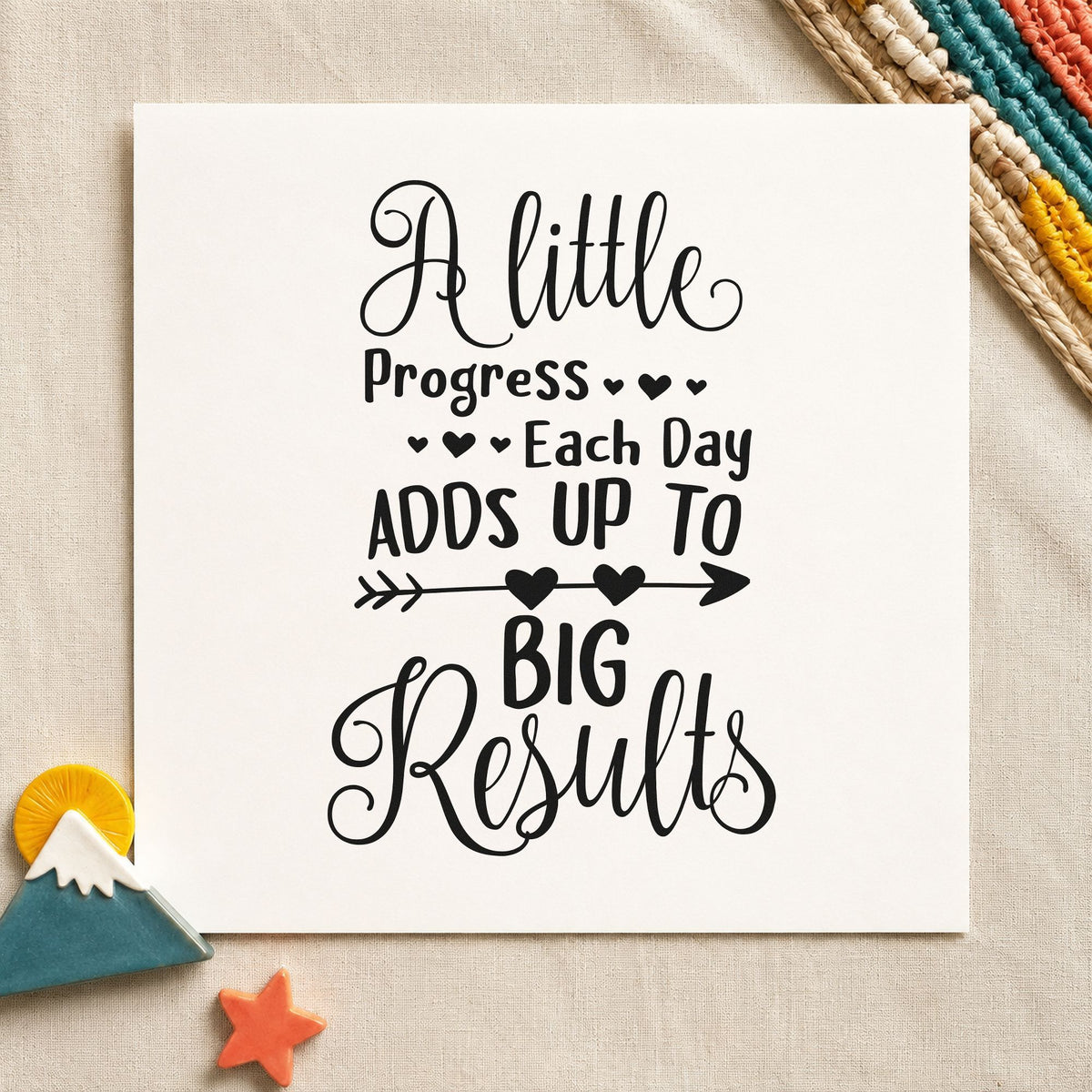 Little Progress Big Results rubber stamp printed in black ink, ready for daily streak sheet and similar paper crafts.