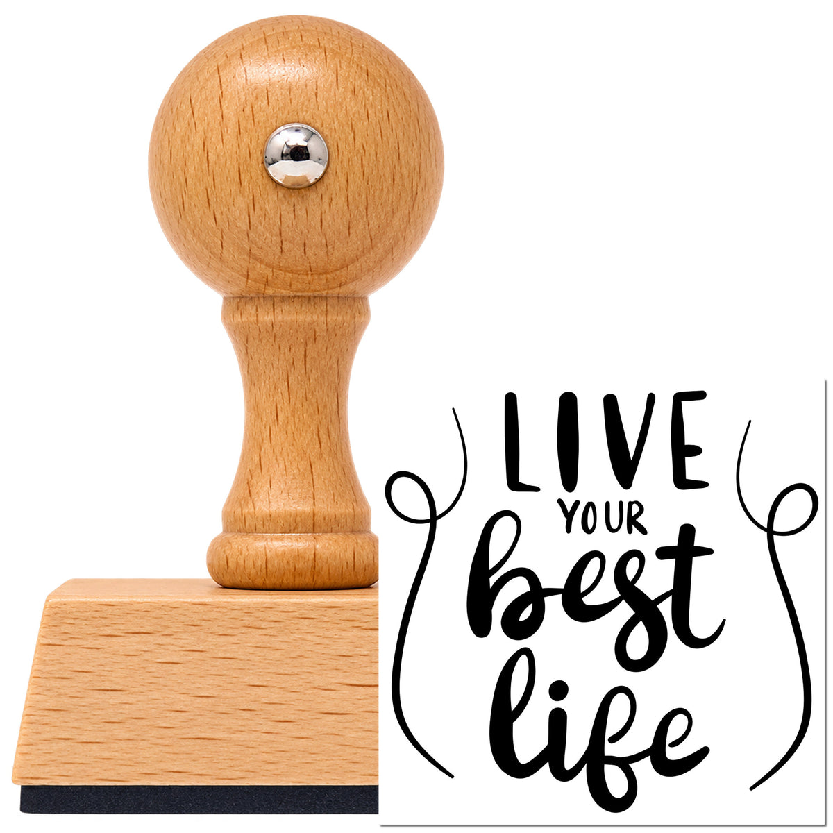 Vintage Pro beech wood stamp with a round knob handle, shown with its black Live Your Best Life Lettering imprint on white.