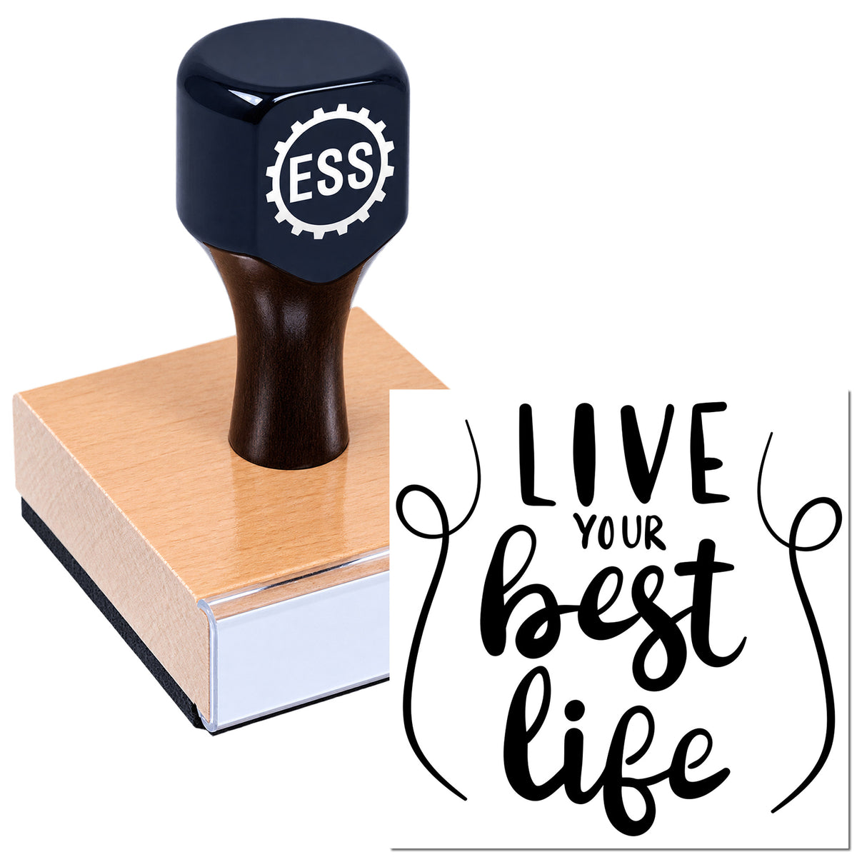 Black ESS stamp on a pink seal block, showing the phrase "Live your best life" in bold black script.