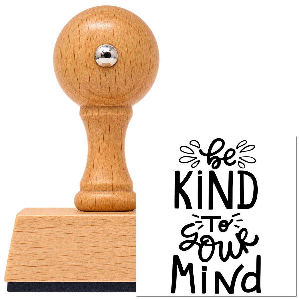 Vintage Pro beech wood stamp with a round knob handle, shown with its black Be Kind To Your Mind imprint on white.
