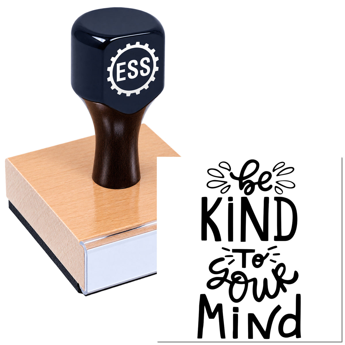 Black ESS stamp and seal on pink wooden block, with "be KIND to your Mind" lettering.