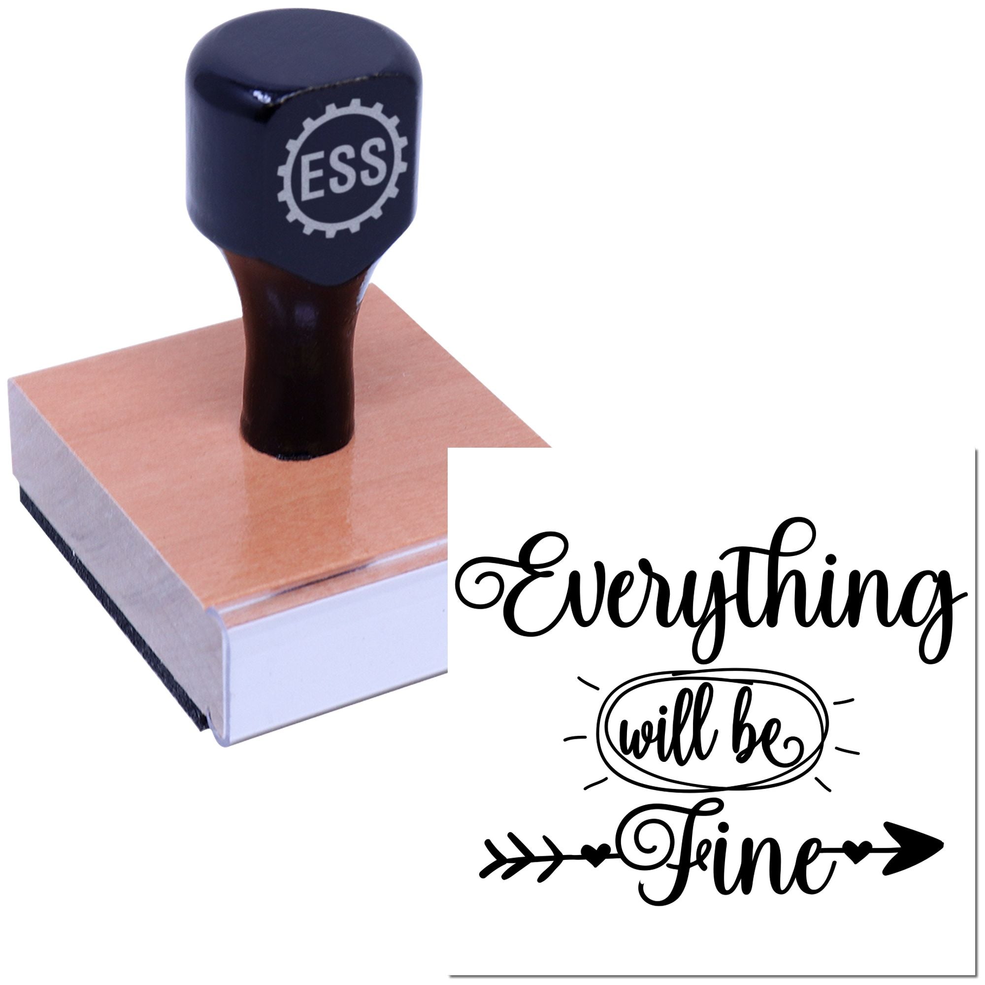 Black ESS stamp on copper seal block with Everything will be fine calligraphy, white background