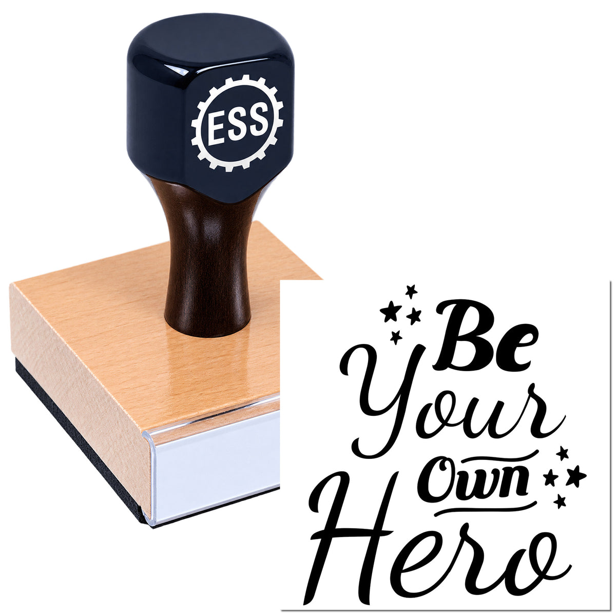 Black ESS rubber stamp on copper sealing block, with "Be Your Own Hero" seal design in black script.