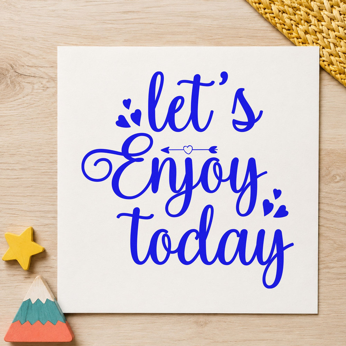 Let's Enjoy Today Hearts craft stamp in blue ink on cardstock, an easy option for picnic blanket printing.