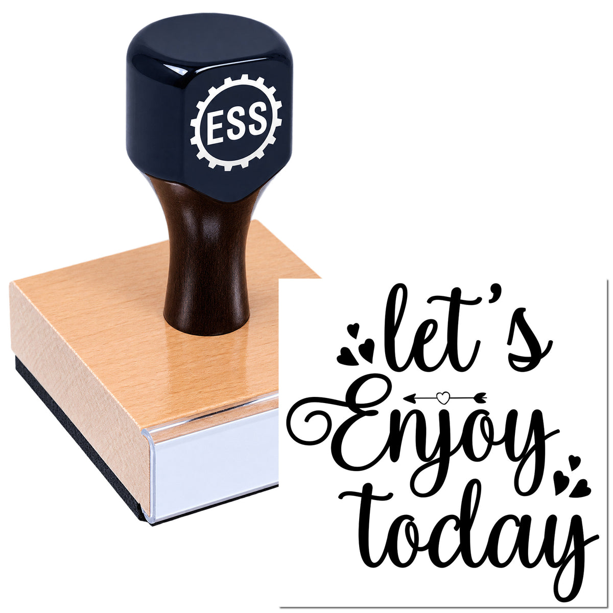 Black ESS rubber stamp on tan wooden block with "let's Enjoy today" script seal design