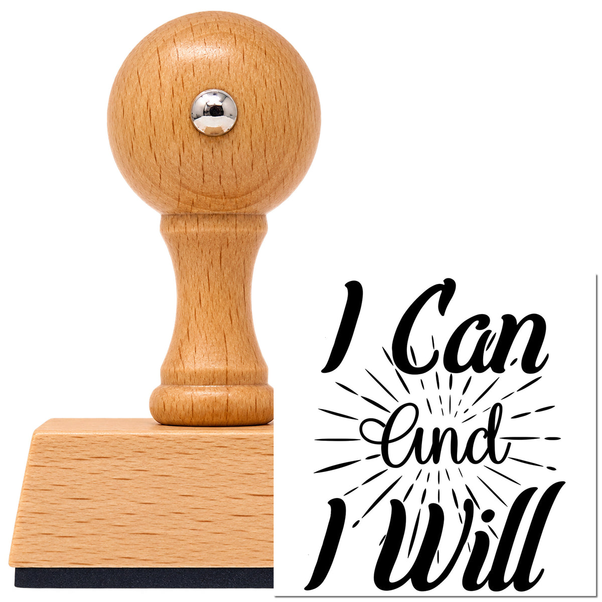 Vintage Pro beech wood stamp with a round knob handle, shown with its black I Can And I Will imprint on white.