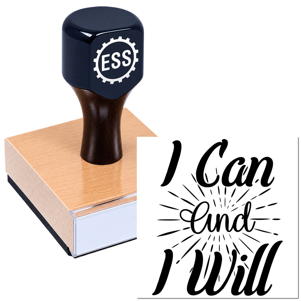 Black ESS rubber stamp and wooden seal block with "I can and I will" in bold script.