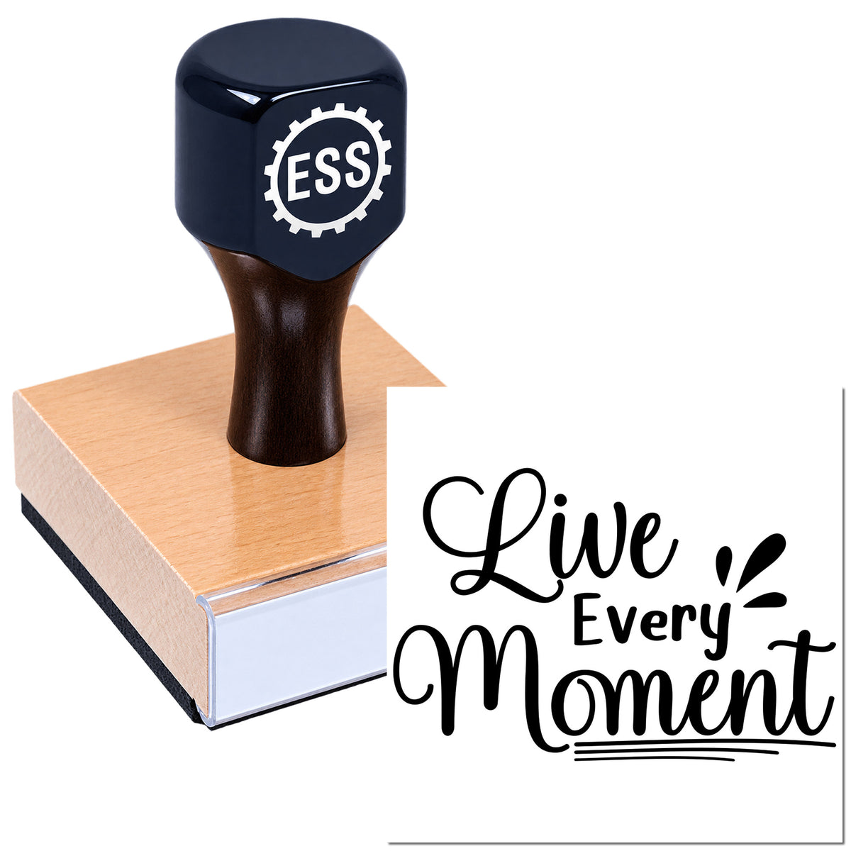 Black custom stamp and seal on a wood block, with ESS gear logo and "Live Every Moment" lettering on white background.
