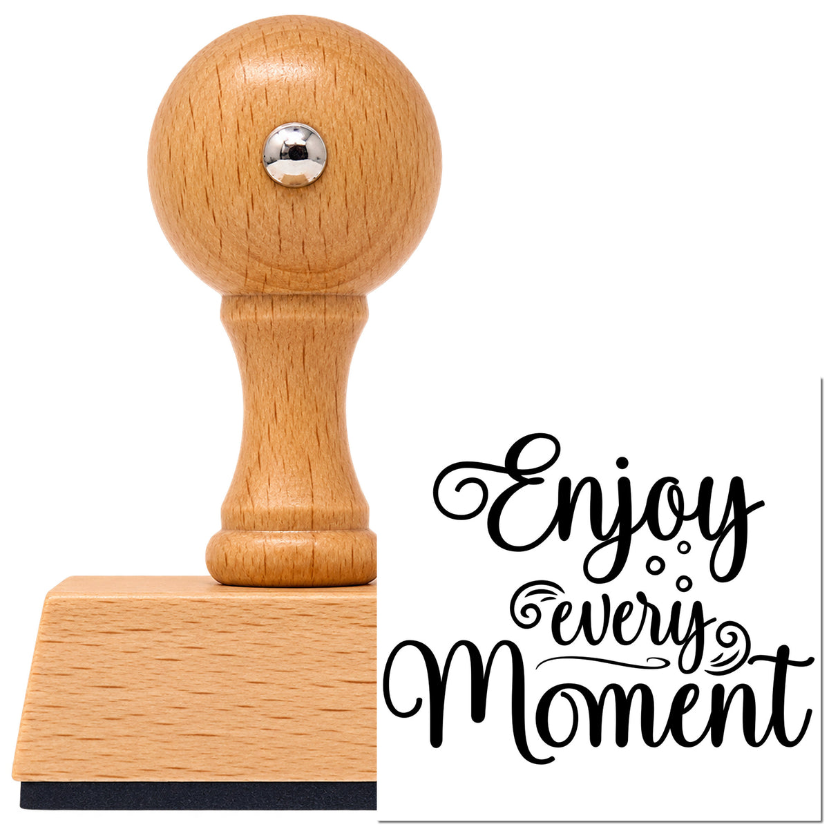 Vintage Pro beech wood stamp with a round knob handle, shown with its black Enjoy Every Moment imprint on white.
