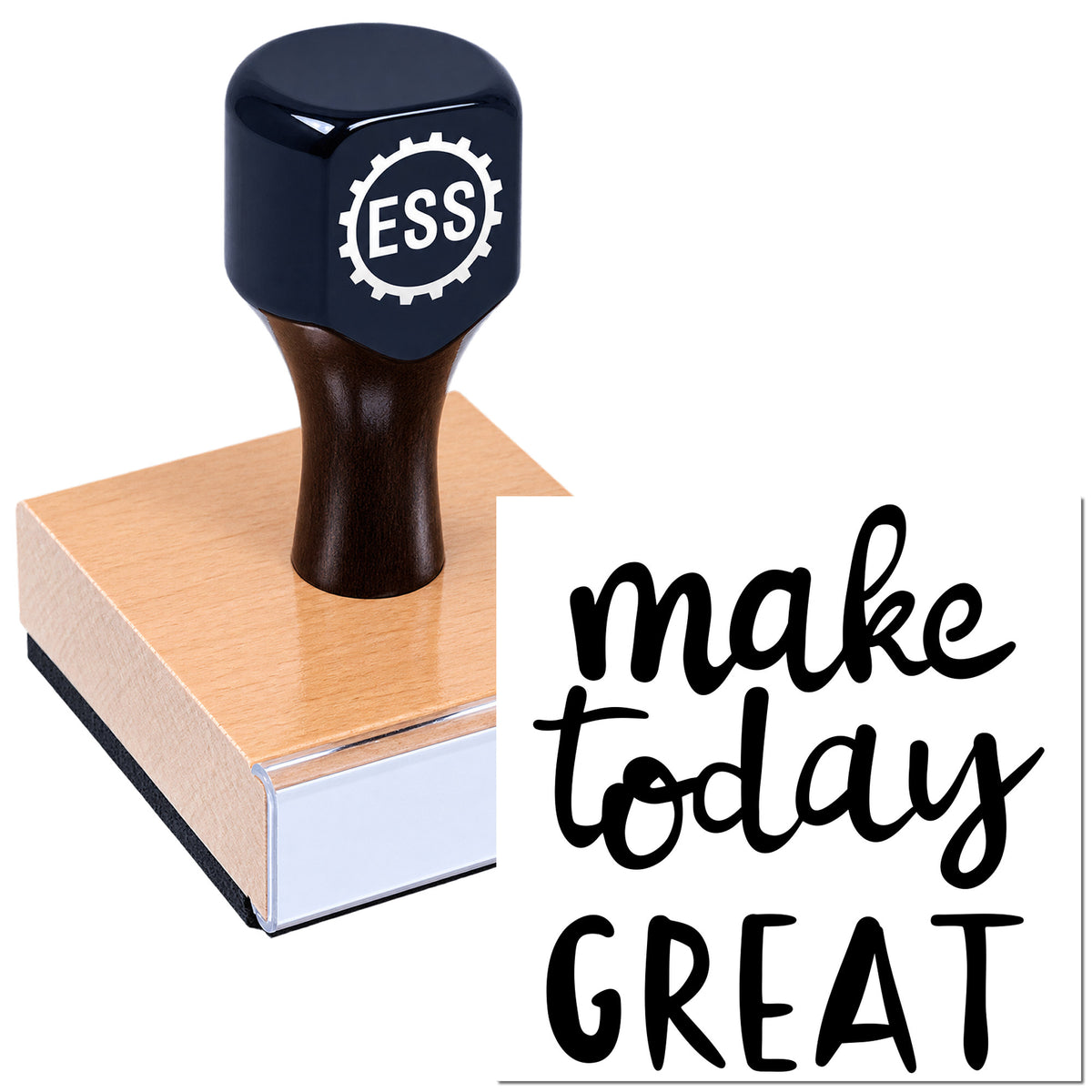 Dark blue ESS custom seal stamp on a pink block, with black "make today GREAT" lettering.