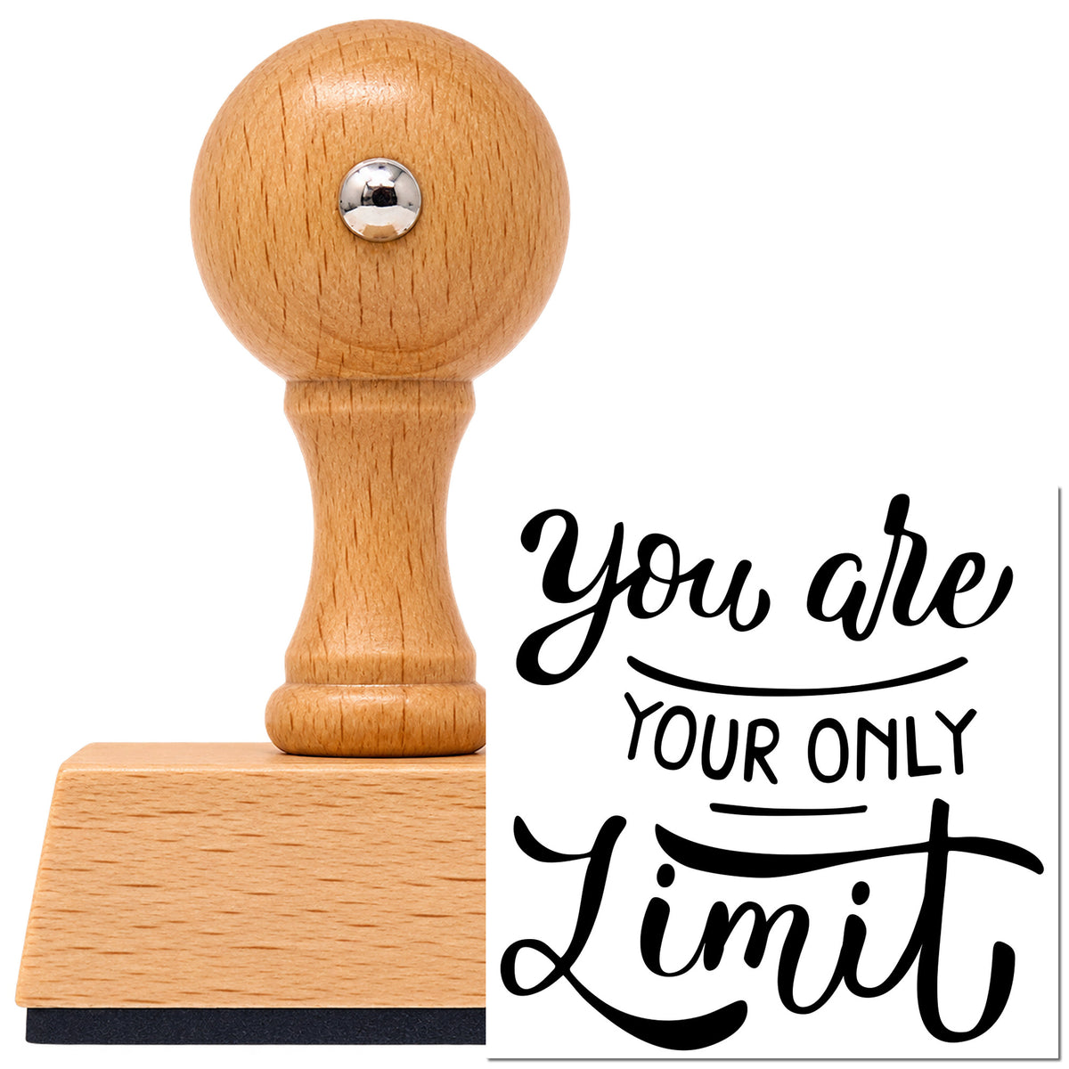 Vintage Pro beech wood stamp with a round knob handle, shown with its black You Are Your Only Limit imprint on white.