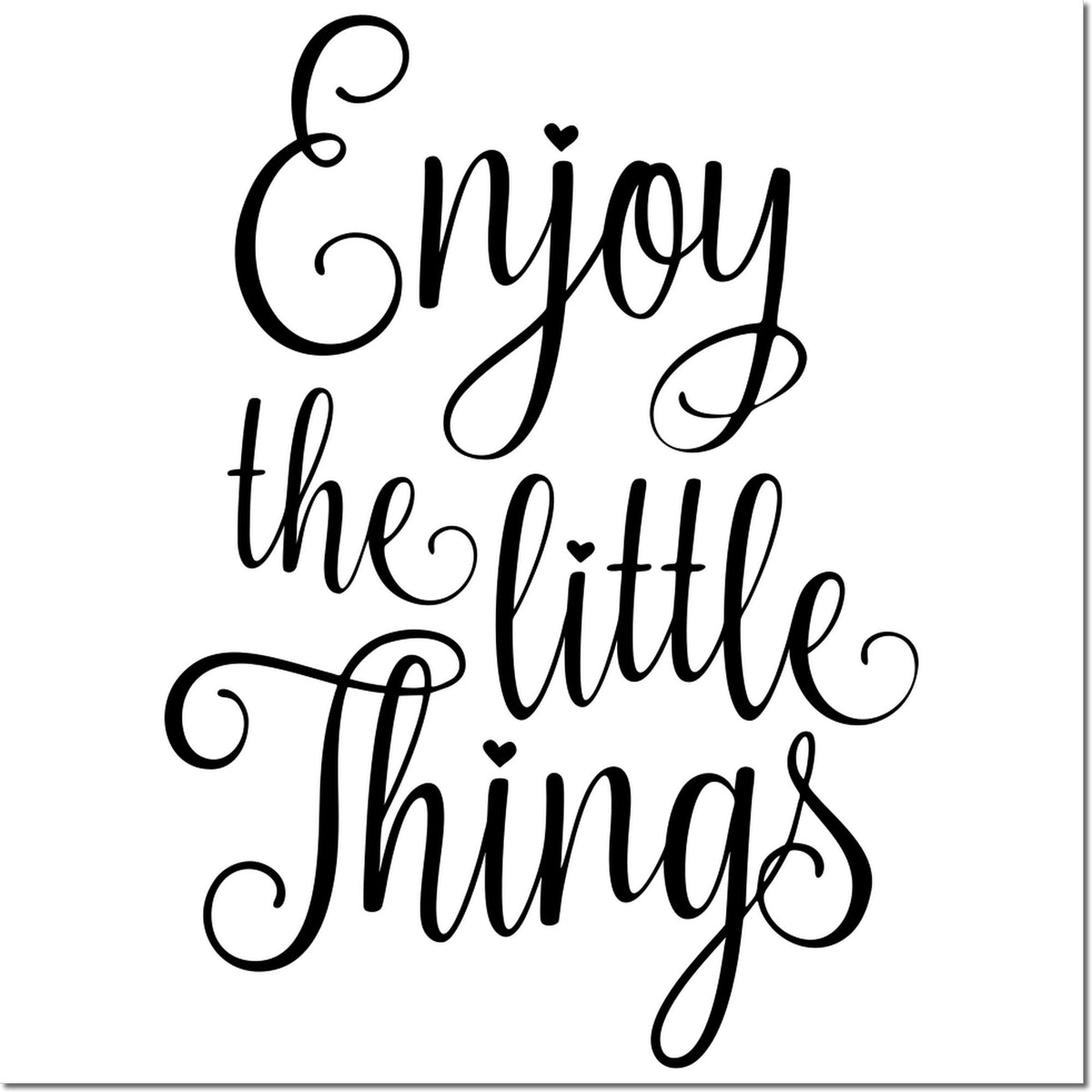 Black calligraphy stamp and seal design reading Enjoy the little things with small hearts on a white background.