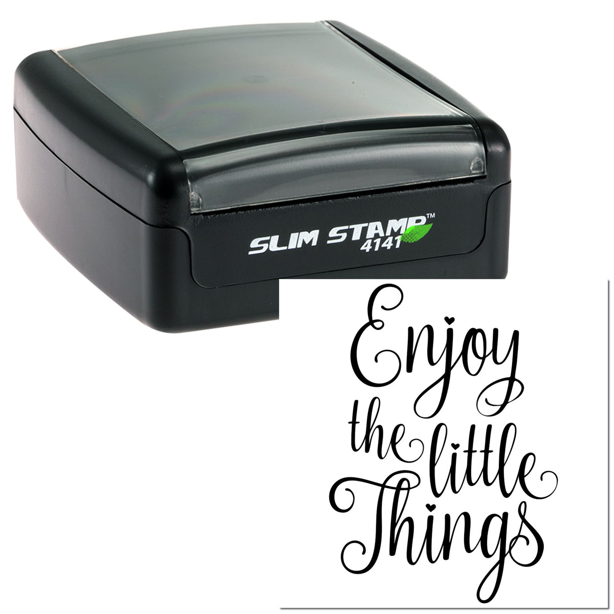 Black Slim Stamp self-inking seal with clear cap and black script reading Enjoy the little things on white background.