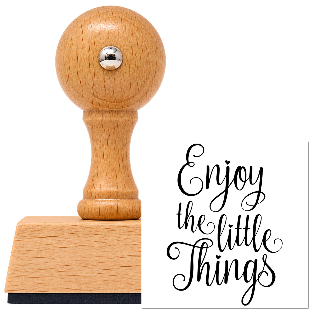 Vintage Pro beech wood stamp with a round knob handle, shown with its black Enjoy The Little Things Script Lettering imprint on white.