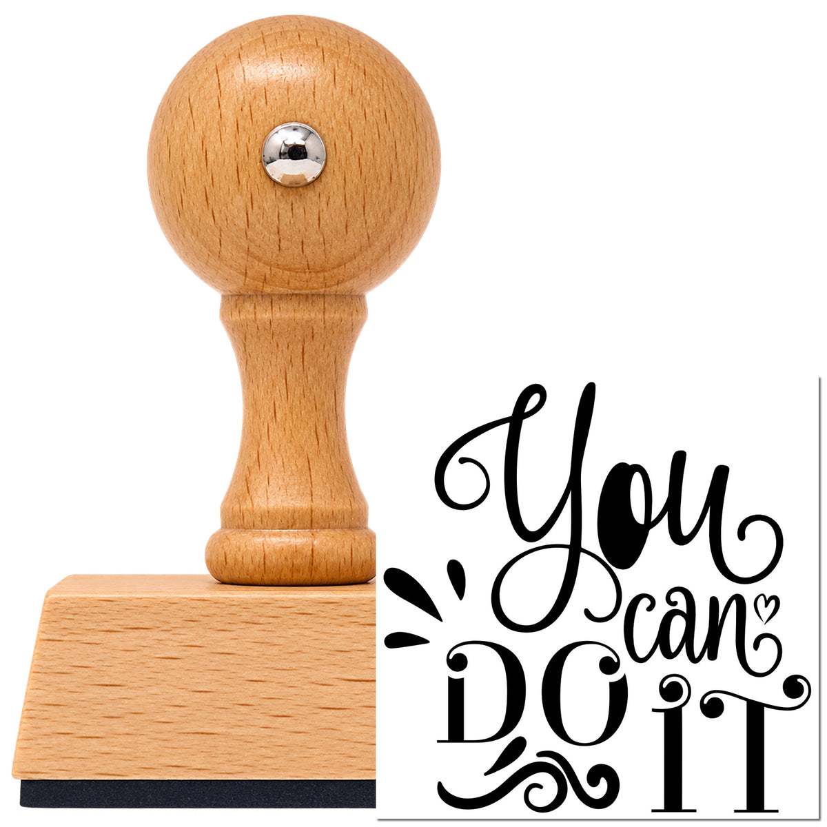 Vintage Pro beech wood stamp with a round knob handle, shown with its black You Can Do It Flourishes imprint on white.