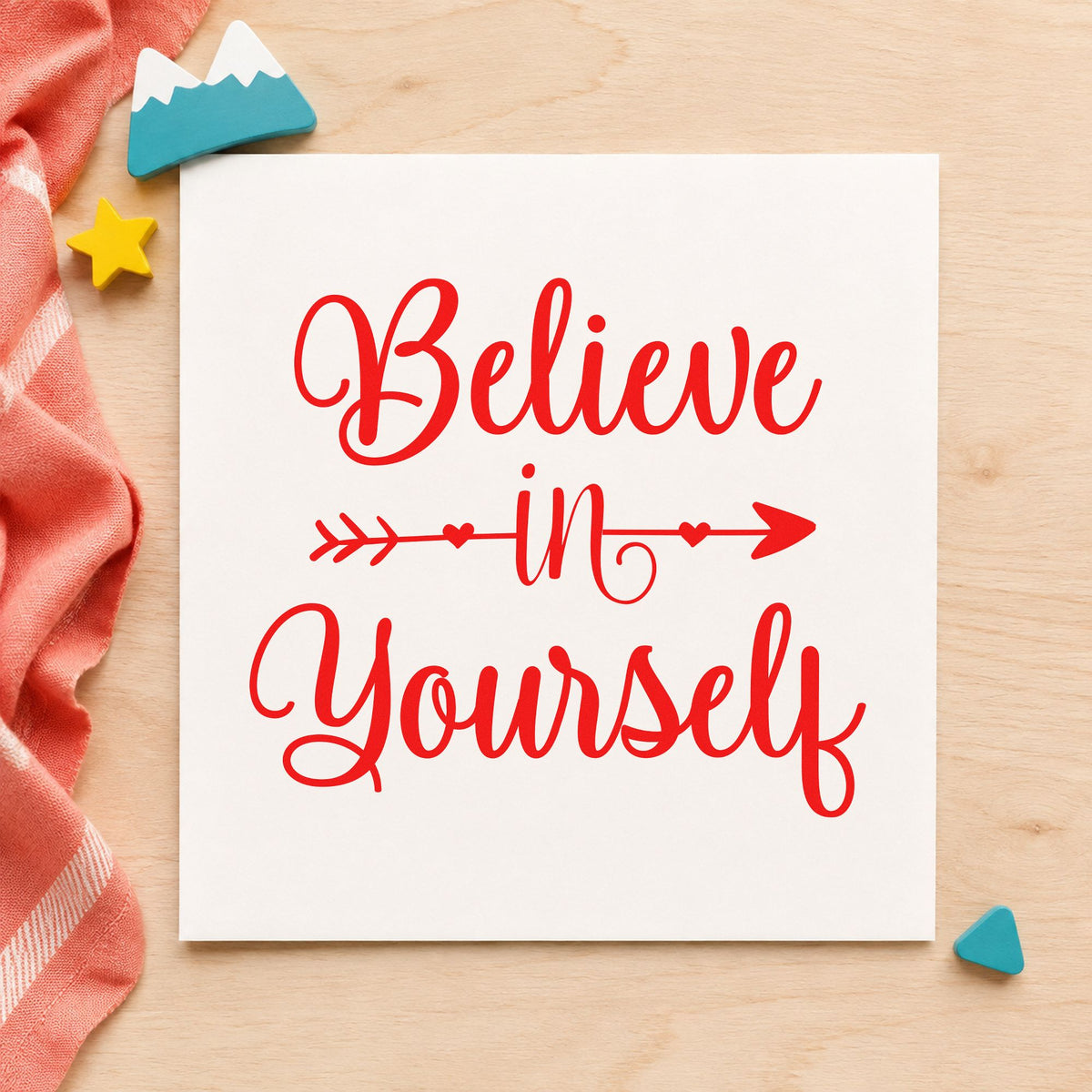 Believe In Yourself Arrow craft stamp imprint in red ink on a handmade project, one idea being cue slip cards.