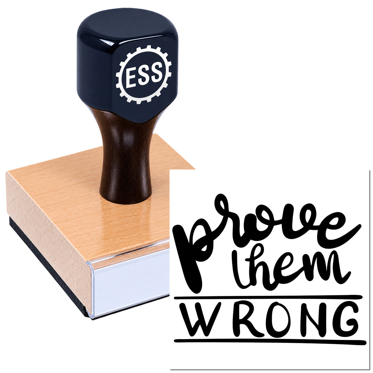 Dark navy ESS rubber stamp and copper seal block with black "prove them wrong" imprint