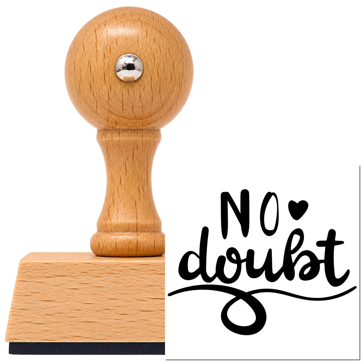 Vintage Pro beech wood stamp with a round knob handle, shown with its black No Doubt imprint on white.