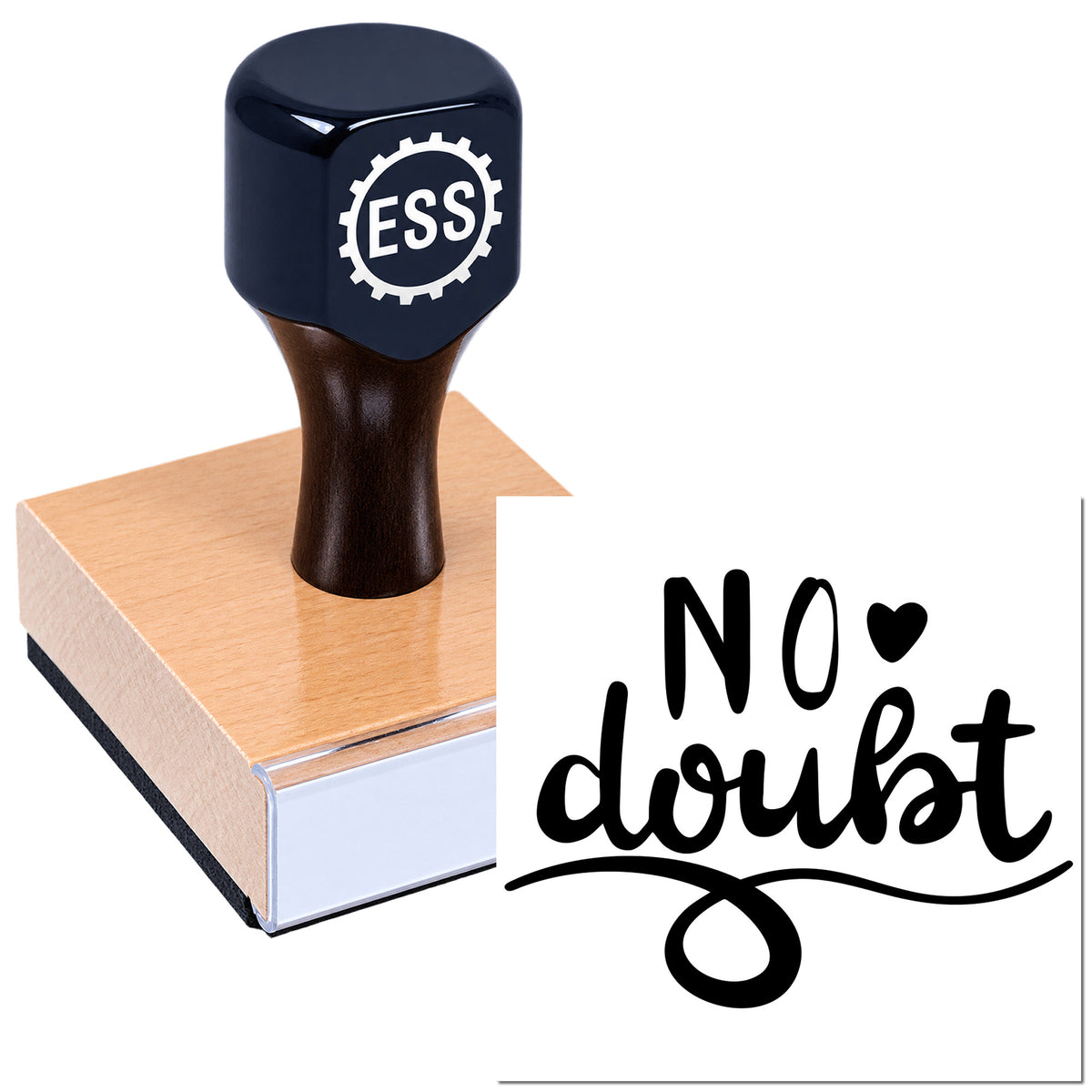 Navy rubber stamp and seal with ESS logo, creating a black "No doubt" script imprint on white.