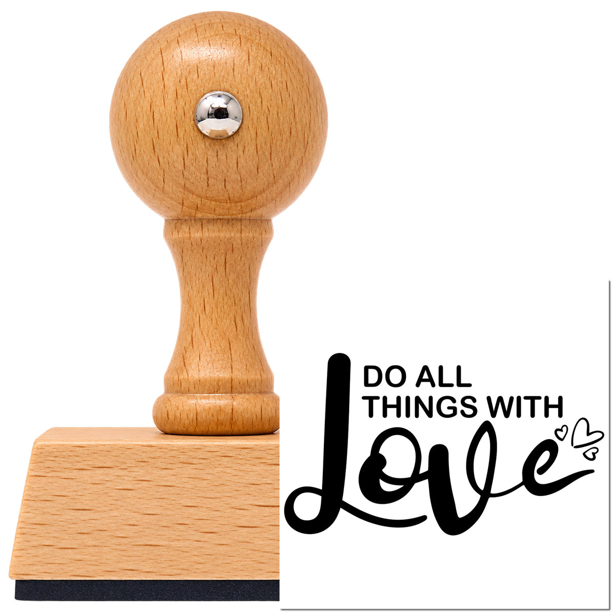 Vintage Pro beech wood stamp with a round knob handle, shown with its black Do All Things With Love imprint on white.