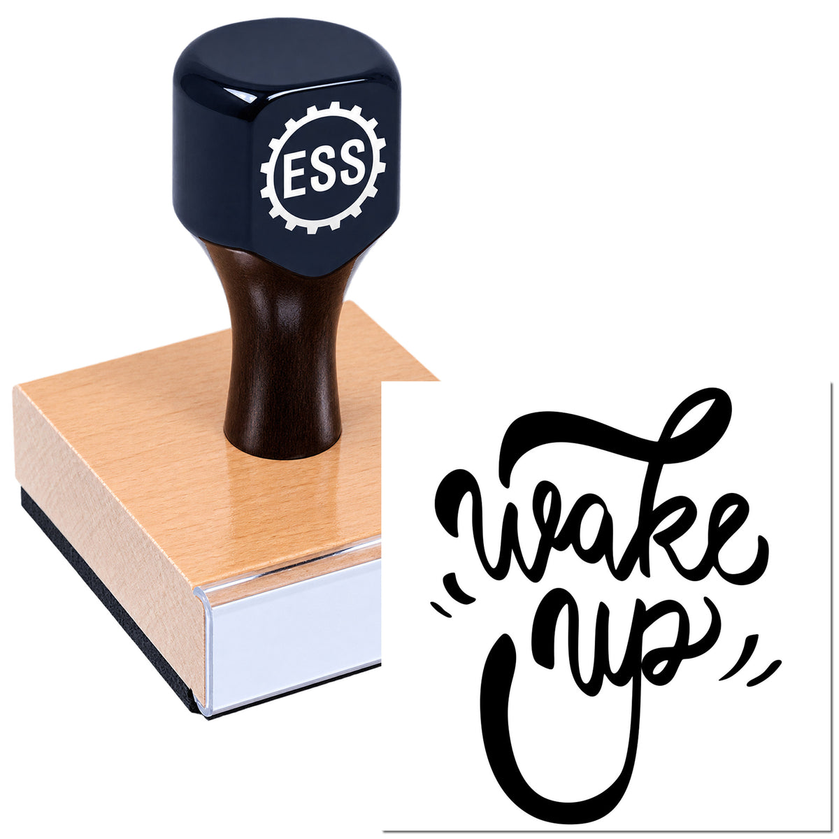 Dark blue ESS rubber stamp on a wooden block pressing paper, beside a black calligraphic seal mark on white.